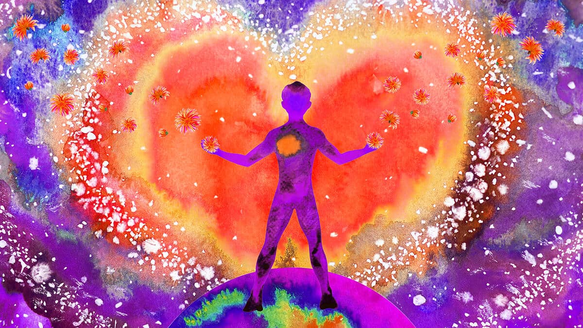 Painting - Colorful - Giant Person Standing on Earth Looking at a Giant Heart in the Sky With Arms Open